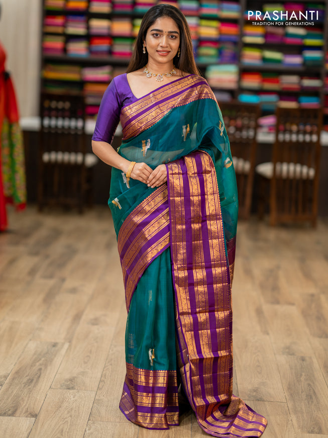 Kanchipuram kora silk saree teal green and purple with silver & gold zari woven buttas and long zari woven border