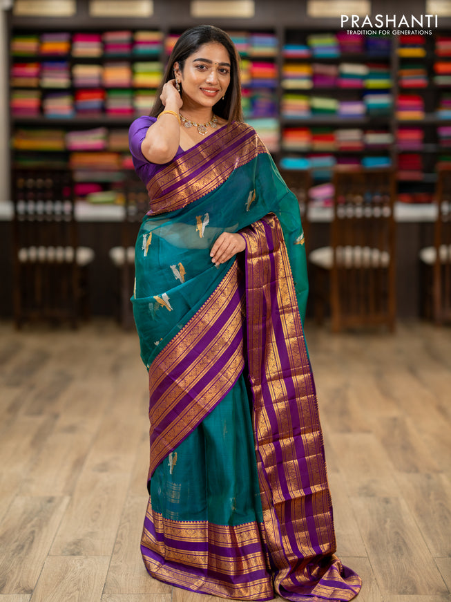 Kanchipuram kora silk saree teal green and purple with silver & gold zari woven buttas and long zari woven border