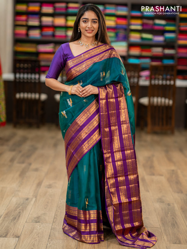 Kanchipuram kora silk saree teal green and purple with silver & gold zari woven buttas and long zari woven border