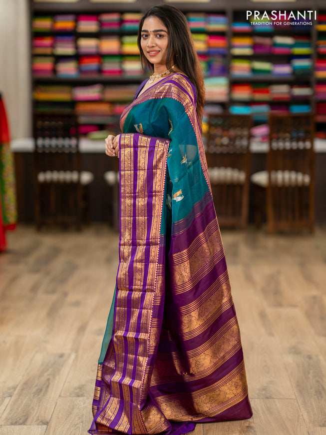Kanchipuram kora silk saree teal green and purple with silver & gold zari woven buttas and long zari woven border