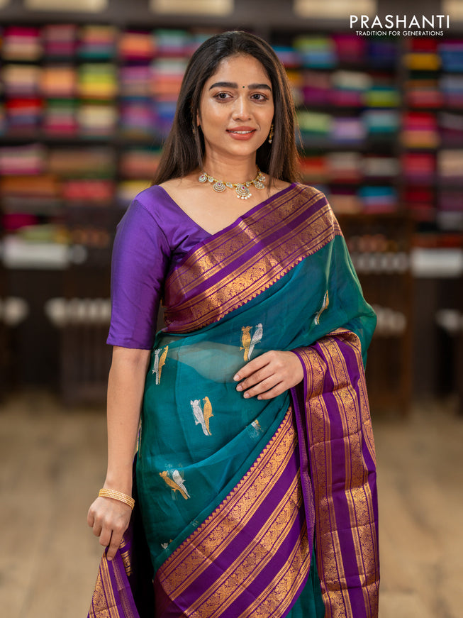 Kanchipuram kora silk saree teal green and purple with silver & gold zari woven buttas and long zari woven border