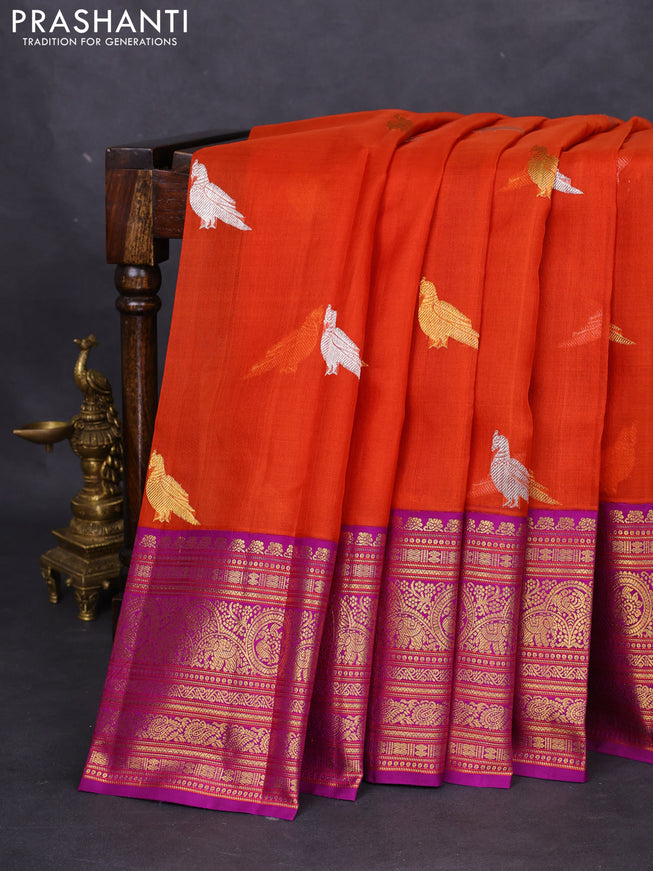 Kanchipuram kora silk saree orange and purple with silver & gold zari woven buttas and zari woven border