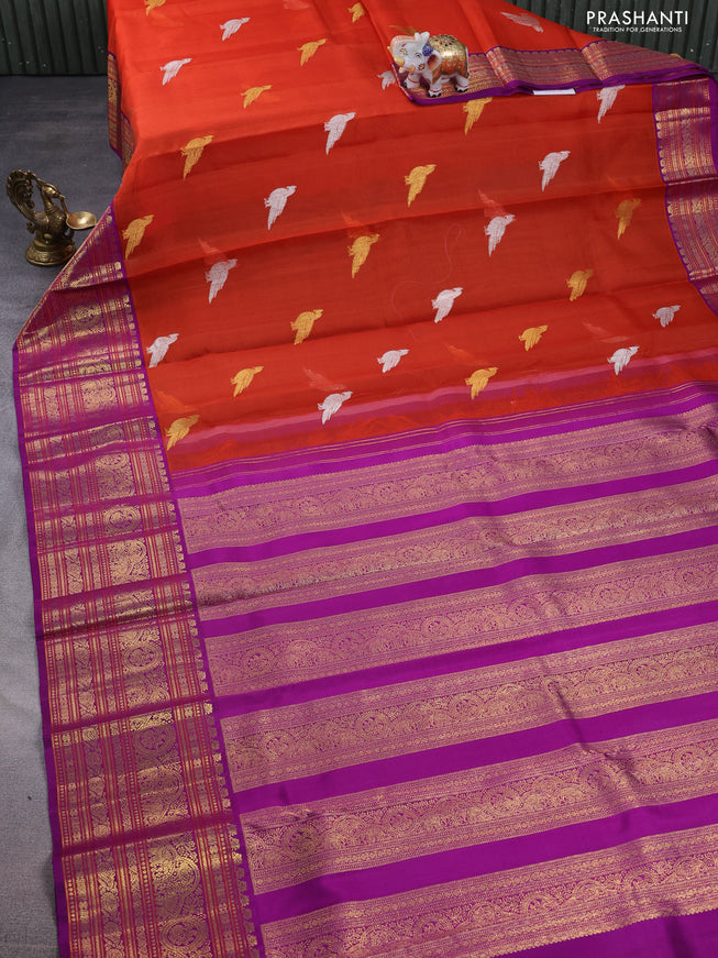 Kanchipuram kora silk saree orange and purple with silver & gold zari woven buttas and zari woven border
