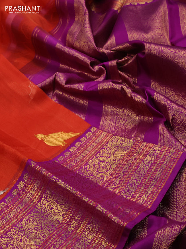 Kanchipuram kora silk saree orange and purple with silver & gold zari woven buttas and zari woven border