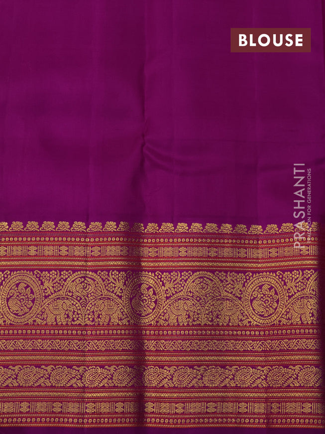 Kanchipuram kora silk saree orange and purple with silver & gold zari woven buttas and zari woven border