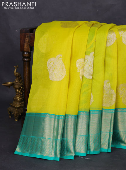 Kanchipuram kora silk saree lime yellow and green with zari woven paisley buttas and zari woven border
