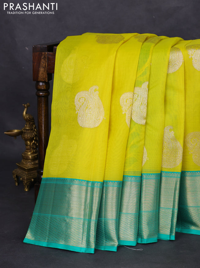 Kanchipuram kora silk saree lime yellow and green with zari woven paisley buttas and zari woven border