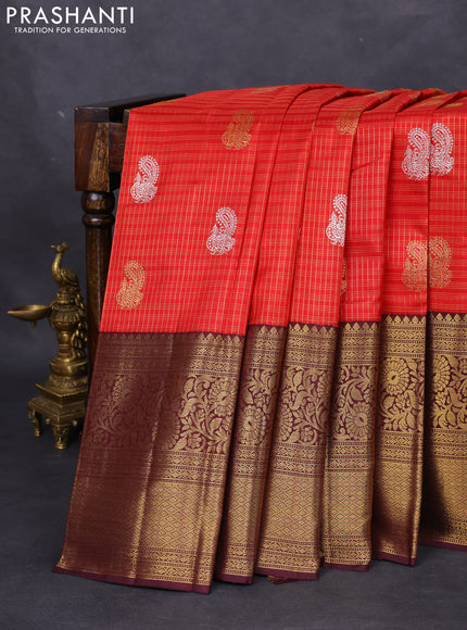 Pure kanchipuram silk saree red and coffee brown with allover zari checks & annam buttas and long rich zari woven border