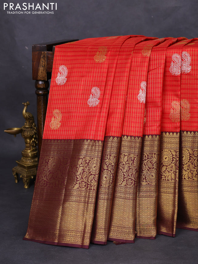Pure kanchipuram silk saree red and coffee brown with allover zari checks & annam buttas and long rich zari woven border