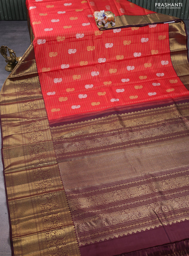 Pure kanchipuram silk saree red and coffee brown with allover zari checks & annam buttas and long rich zari woven border