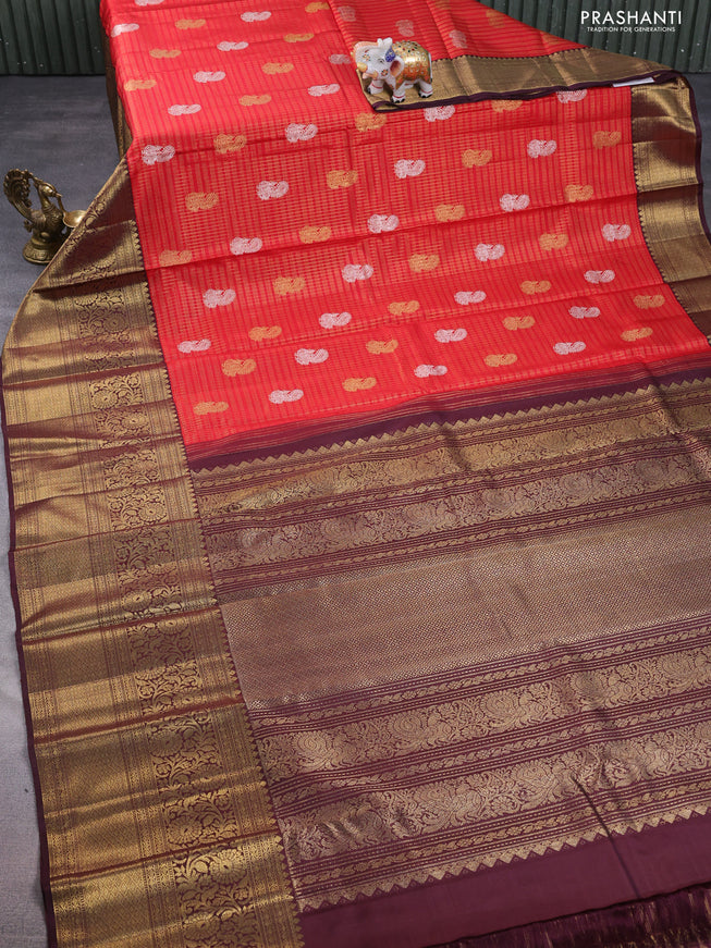 Pure kanchipuram silk saree red and coffee brown with allover zari checks & annam buttas and long rich zari woven border