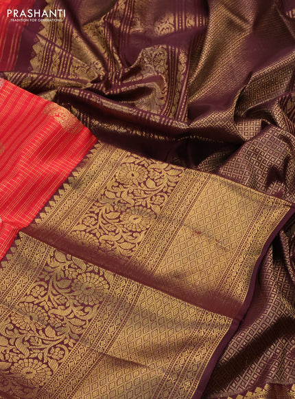 Pure kanchipuram silk saree red and coffee brown with allover zari checks & annam buttas and long rich zari woven border
