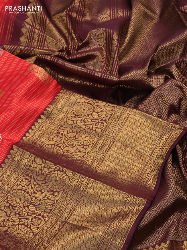 Pure kanchipuram silk saree red and coffee brown with allover zari checks & annam buttas and long rich zari woven border