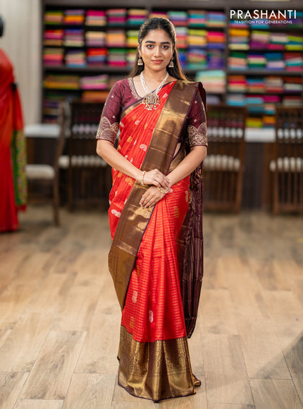 Pure kanchipuram silk saree red and coffee brown with allover zari checks & annam buttas and long rich zari woven border