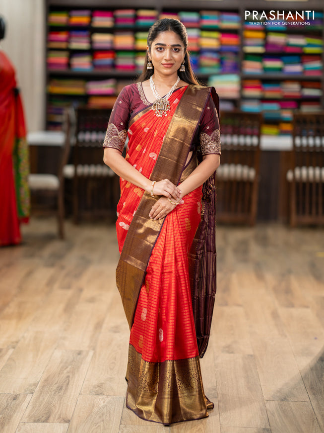 Pure kanchipuram silk saree red and coffee brown with allover zari checks & annam buttas and long rich zari woven border