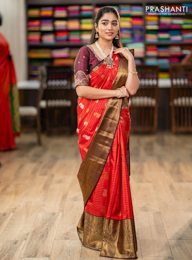 Pure kanchipuram silk saree red and coffee brown with allover zari checks & annam buttas and long rich zari woven border