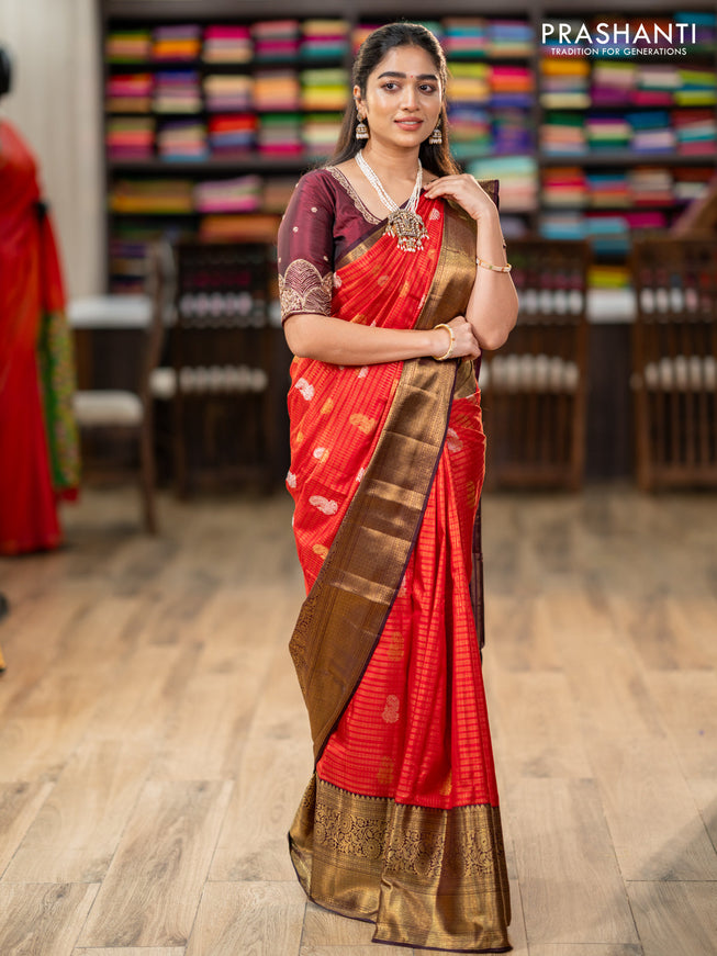 Pure kanchipuram silk saree red and coffee brown with allover zari checks & annam buttas and long rich zari woven border