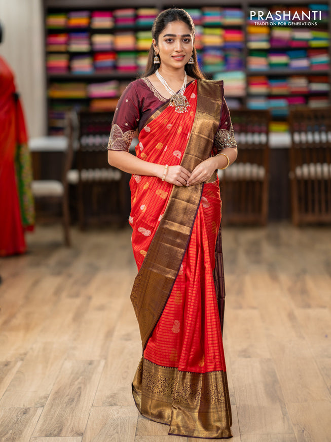 Pure kanchipuram silk saree red and coffee brown with allover zari checks & annam buttas and long rich zari woven border