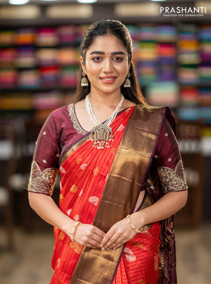 Pure kanchipuram silk saree red and coffee brown with allover zari checks & annam buttas and long rich zari woven border