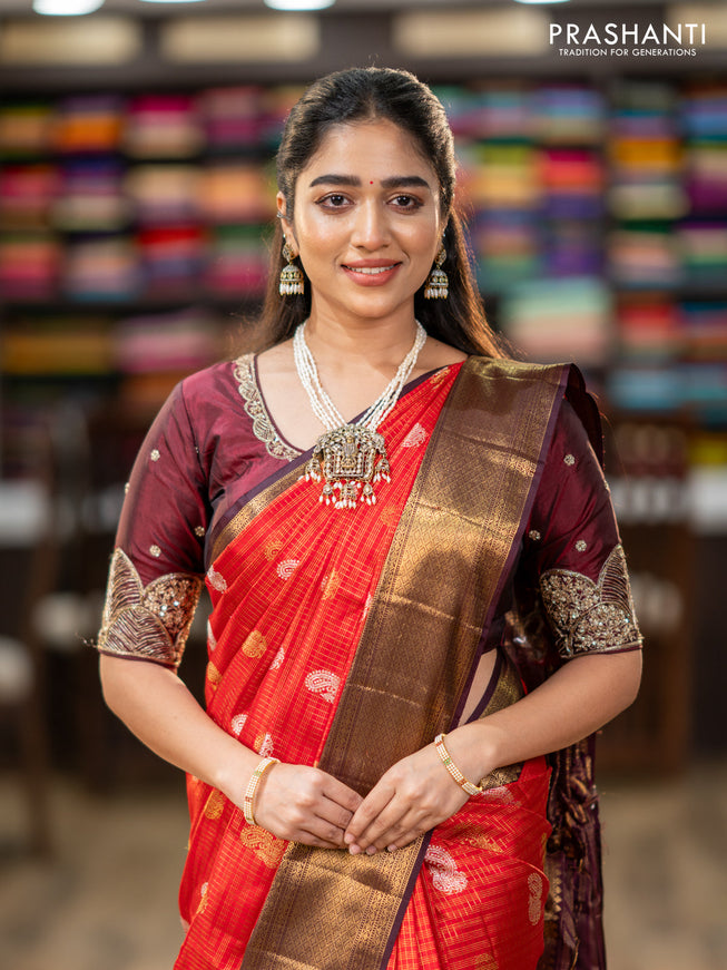 Pure kanchipuram silk saree red and coffee brown with allover zari checks & annam buttas and long rich zari woven border