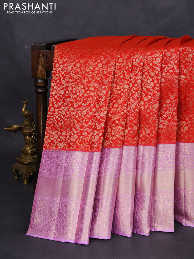 Pure kanchipuram silk saree red and lavender with allover zari woven brocade weaves and zari woven border