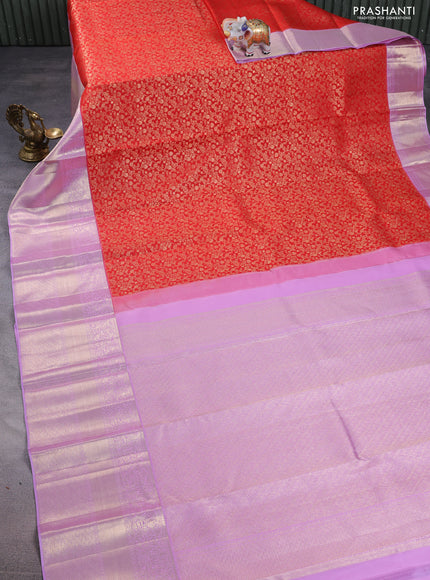 Pure kanchipuram silk saree red and lavender with allover zari woven brocade weaves and zari woven border