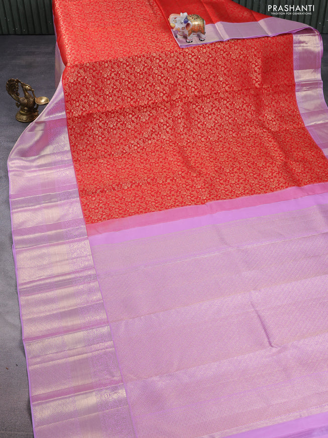 Pure kanchipuram silk saree red and lavender with allover zari woven brocade weaves and zari woven border
