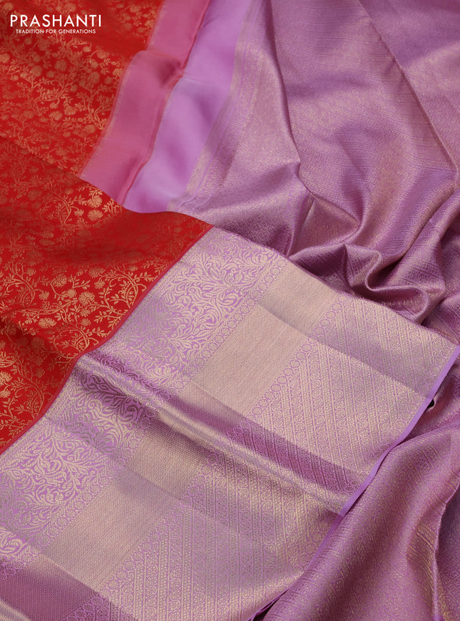 Pure kanchipuram silk saree red and lavender with allover zari woven brocade weaves and zari woven border