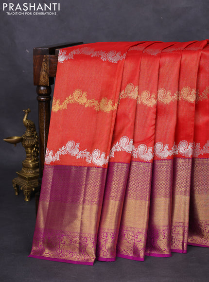 Pure kanchipuram silk saree red and deep purple with silver & gold zari woven annam weaves and rich zari woven border