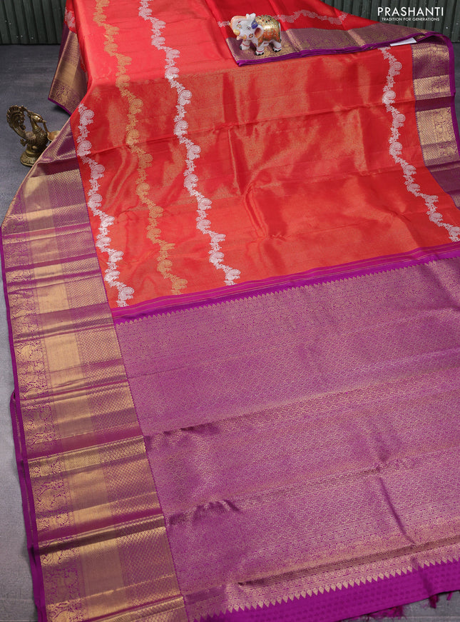 Pure kanchipuram silk saree red and deep purple with silver & gold zari woven annam weaves and rich zari woven border