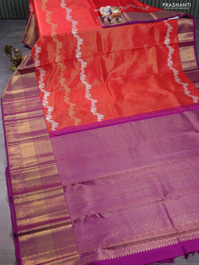 Pure kanchipuram silk saree red and deep purple with silver & gold zari woven annam weaves and rich zari woven border