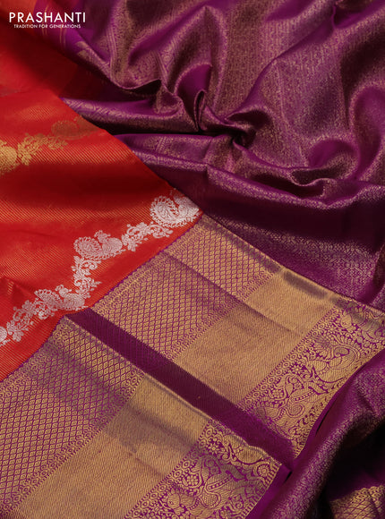 Pure kanchipuram silk saree red and deep purple with silver & gold zari woven annam weaves and rich zari woven border