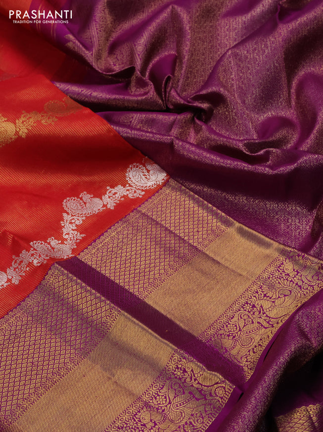 Pure kanchipuram silk saree red and deep purple with silver & gold zari woven annam weaves and rich zari woven border