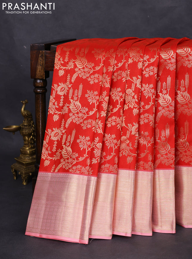 Pure kanchipuram silk saree red and peach pink with allover zari woven brocade weaves and zari woven border