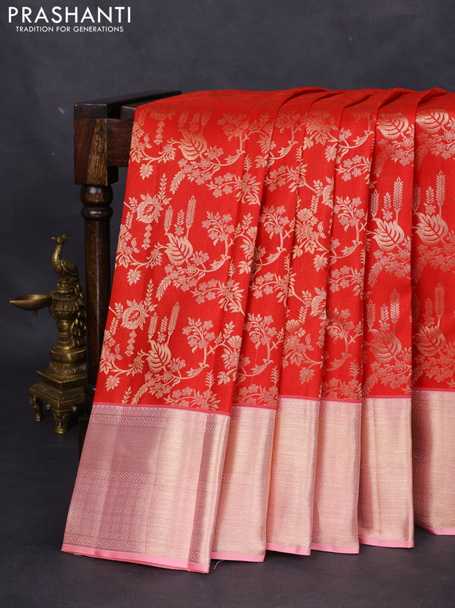 Pure kanchipuram silk saree red and peach pink with allover zari woven brocade weaves and zari woven border