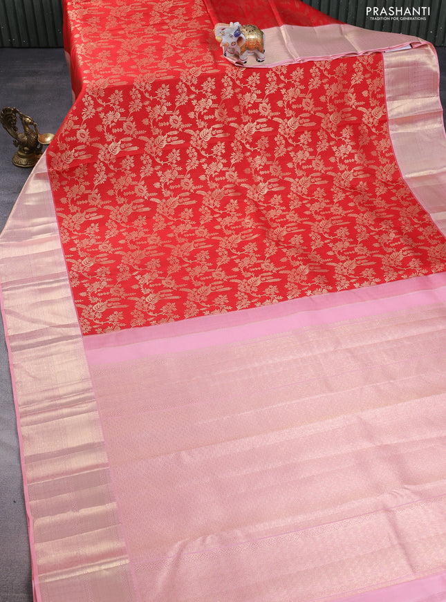 Pure kanchipuram silk saree red and peach pink with allover zari woven brocade weaves and zari woven border