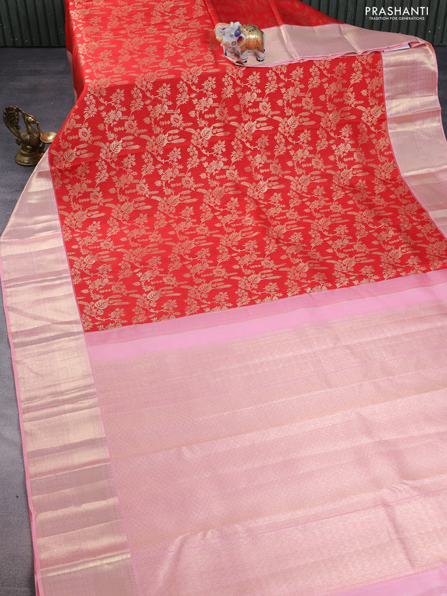 Pure kanchipuram silk saree red and peach pink with allover zari woven brocade weaves and zari woven border