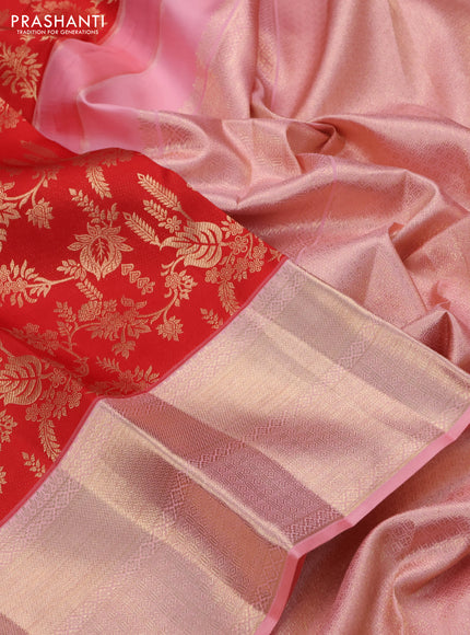 Pure kanchipuram silk saree red and peach pink with allover zari woven brocade weaves and zari woven border