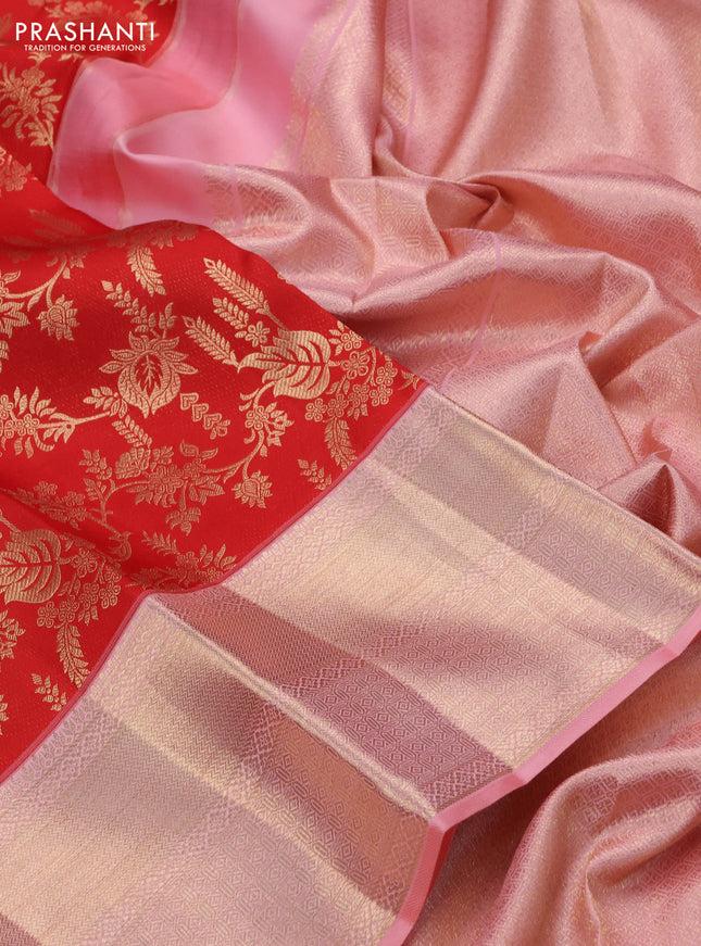 Pure kanchipuram silk saree red and peach pink with allover zari woven brocade weaves and zari woven border