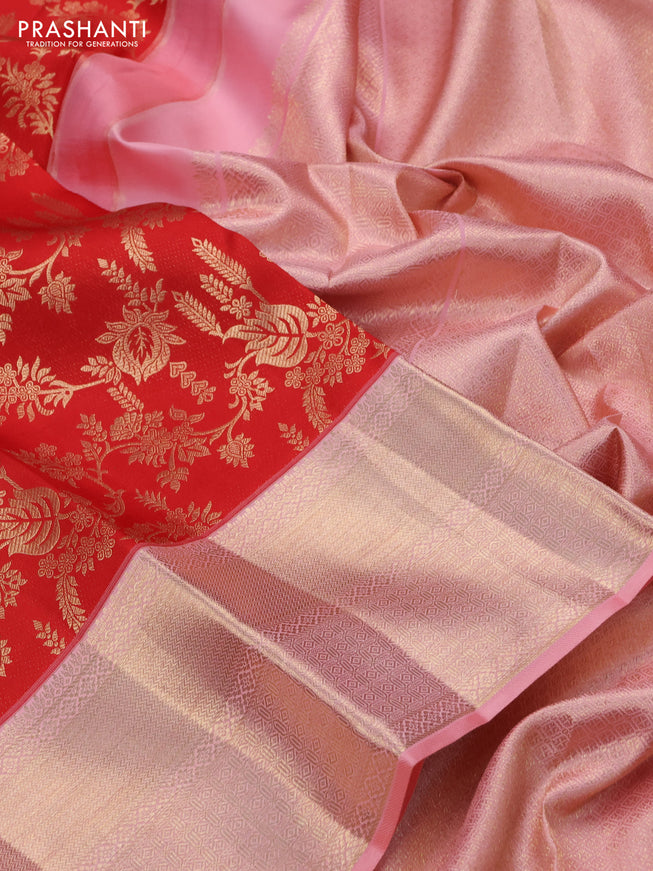 Pure kanchipuram silk saree red and peach pink with allover zari woven brocade weaves and zari woven border
