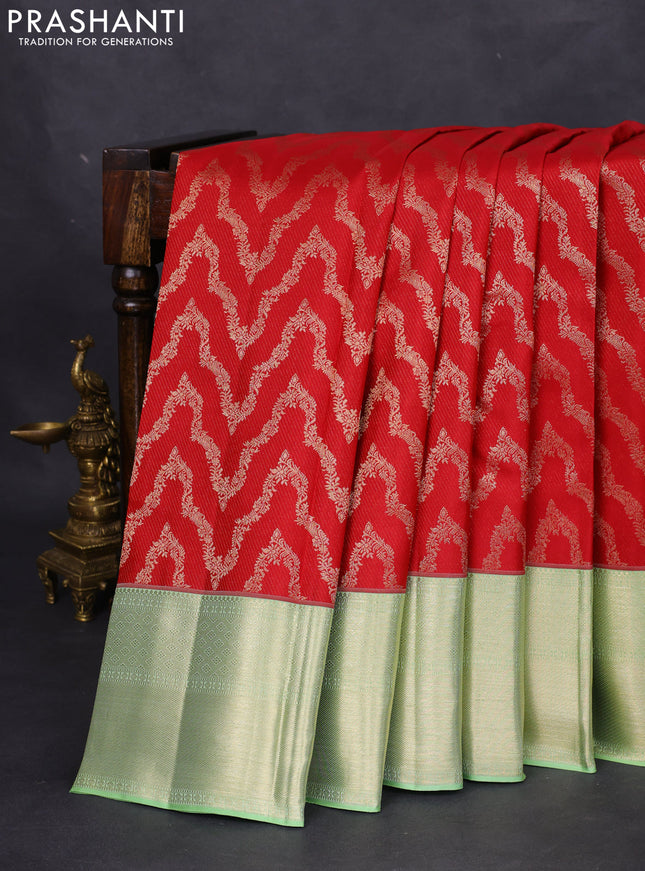 Pure kanchipuram silk saree red and pastel green with allover zari woven brocade weaves and zari woven border