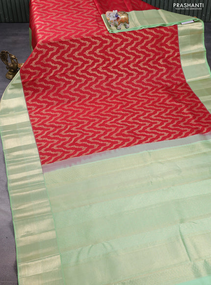 Pure kanchipuram silk saree red and pastel green with allover zari woven brocade weaves and zari woven border