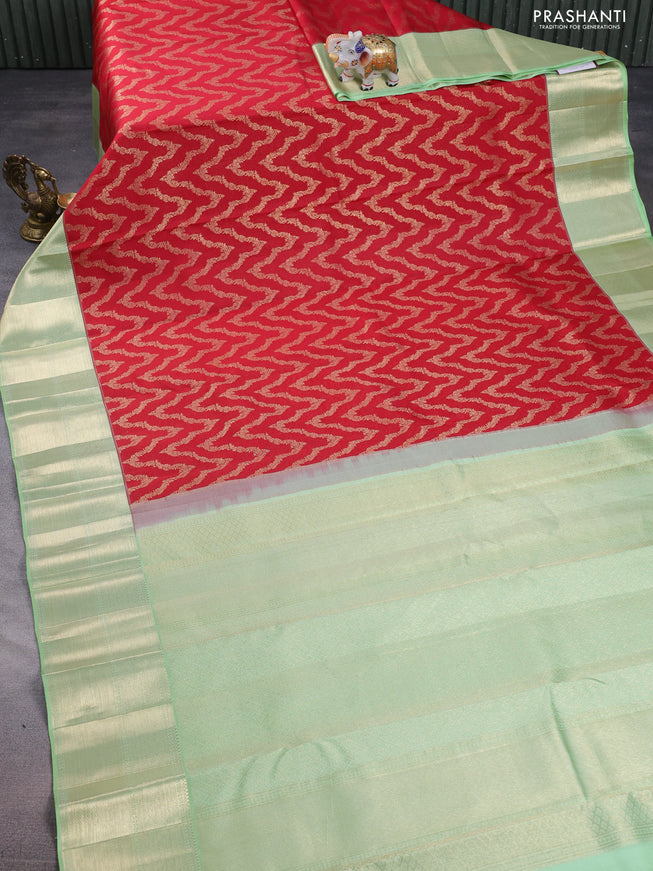 Pure kanchipuram silk saree red and pastel green with allover zari woven brocade weaves and zari woven border