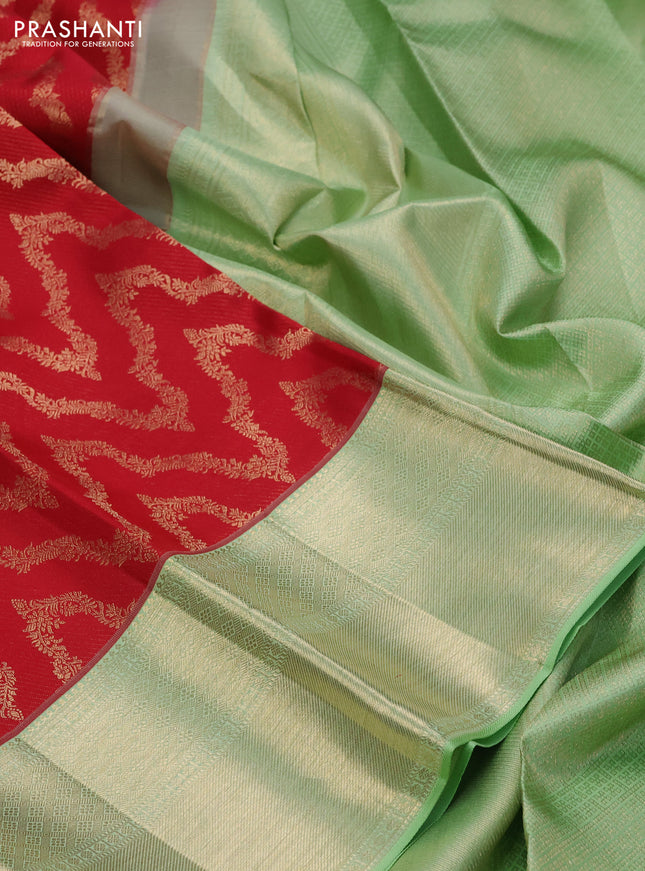 Pure kanchipuram silk saree red and pastel green with allover zari woven brocade weaves and zari woven border