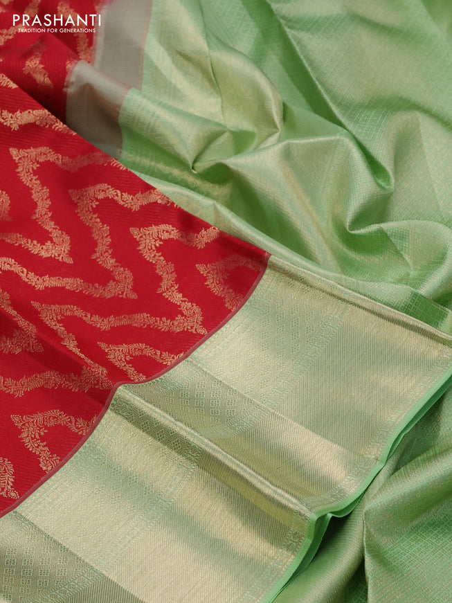 Pure kanchipuram silk saree red and pastel green with allover zari woven brocade weaves and zari woven border