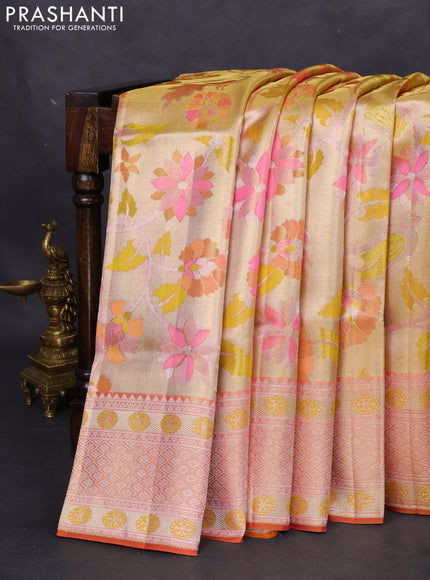 Pure kanchipuram tissue silk saree gold and rust with allover jamdhani weaves and zari woven border