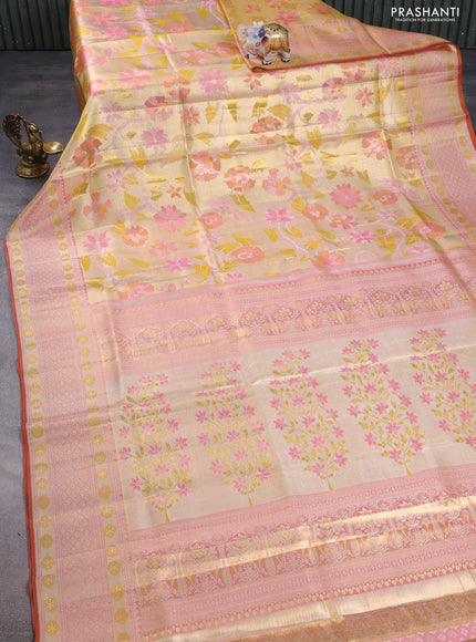 Pure kanchipuram tissue silk saree gold and rust with allover jamdhani weaves and zari woven border