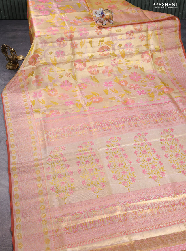 Pure kanchipuram tissue silk saree gold and rust with allover jamdhani weaves and zari woven border