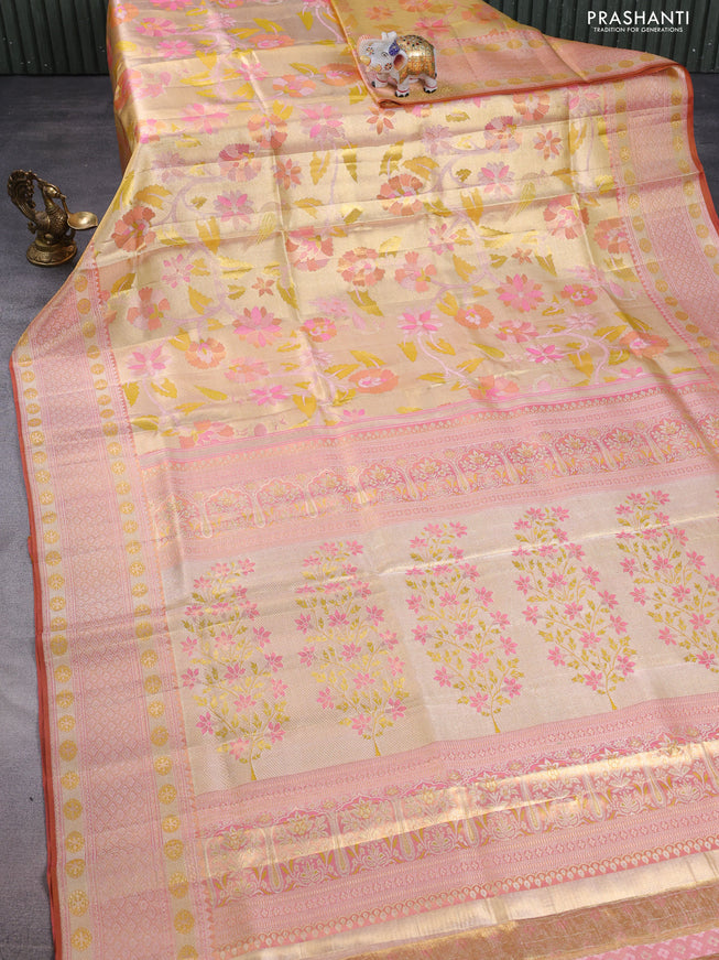 Pure kanchipuram tissue silk saree gold and rust with allover jamdhani weaves and zari woven border
