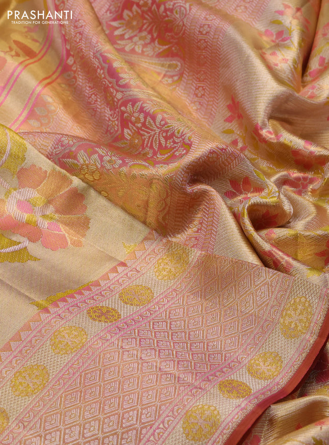 Pure kanchipuram tissue silk saree gold and rust with allover jamdhani weaves and zari woven border